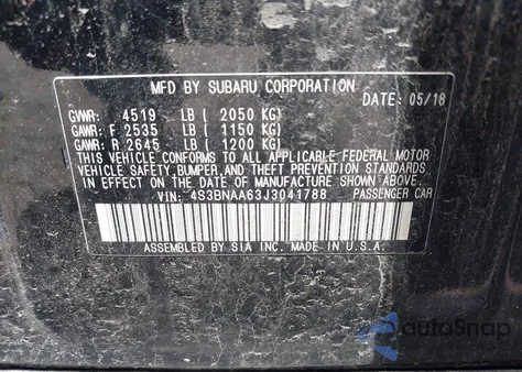 2018 Subaru Legacy 2.5I из США, поврежденный, VIN 4S3BNAA63J3041788